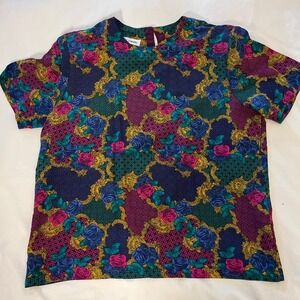 Casual Corner Vintage 100% Silk Blouse Sz L Baroque Print Jewel Tone 90s